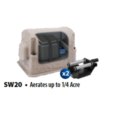 SW20 aerates up to 1/4 acre, designed for shallow ponds